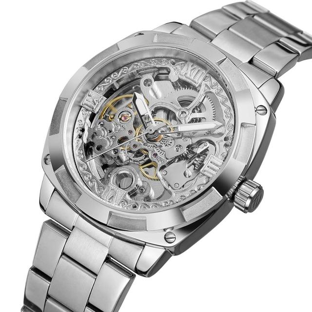 Men's Watch Forsining Brand Transparent Skeleton Gold Watch for Men Mechanical Wristwatches Vintage Engraved Automatic Watches Mens Steel Automatic Self-Wind Mechanical