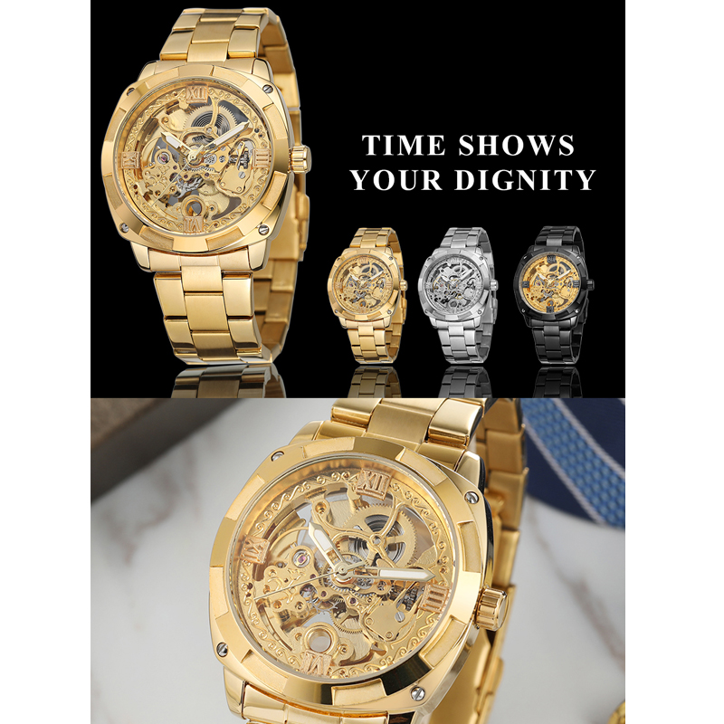 Men's Watch Forsining Brand Transparent Skeleton Gold Watch for Men Mechanical Wristwatches Vintage Engraved Automatic Watches Mens Steel Automatic Self-Wind Mechanical
