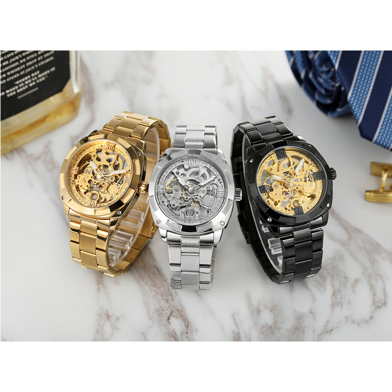 Men's Watch Forsining Brand Transparent Skeleton Gold Watch for Men Mechanical Wristwatches Vintage Engraved Automatic Watches Mens Steel Automatic Self-Wind Mechanical
