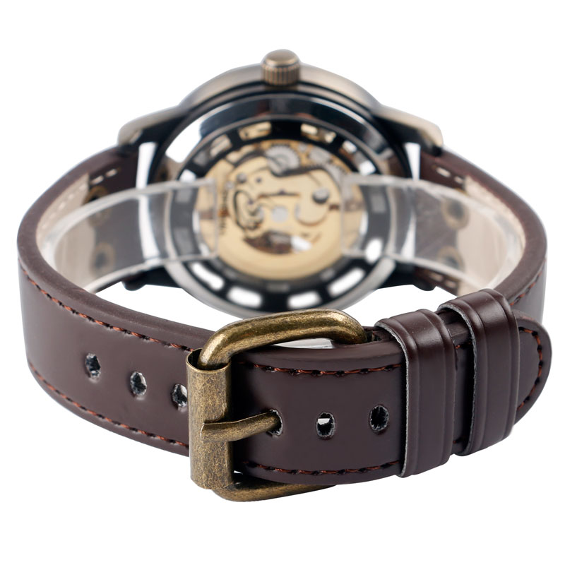 Man's Watch Retro Bronze Tone Skeleton Mechanical Watch Men's Automatic Watches Brown Leather Strap Sports Clocks Relogio Masculino Automatic Self-Wind MechanicalMovement Daily Water Resistant