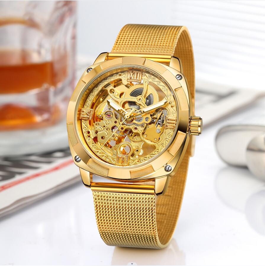 Man's Watch Transparent New Gold Black Watch for Men Mechanical Wristwatches Vintage Engraved Automatic Watches Mens Steel Band No battery needed