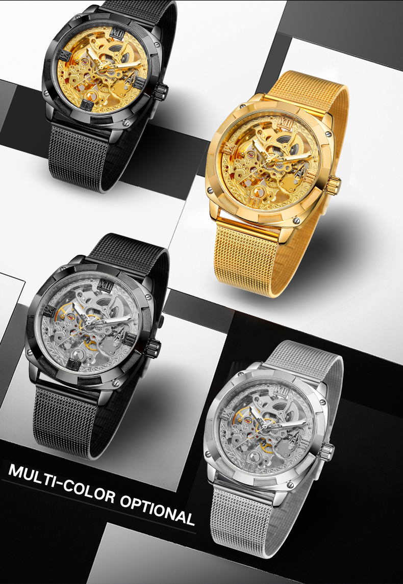 Man's Watch Transparent New Gold Black Watch for Men Mechanical Wristwatches Vintage Engraved Automatic Watches Mens Steel Band No battery needed
