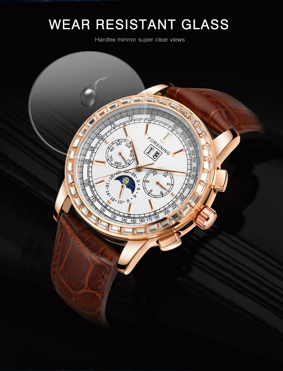 Man's Watch Luxury Automatic Watch Men Moon Phase 3 Dial Multifun Mechanical Male Watches Casual Brown Genuine Leather Band Horloges Mannen Clock Fashion & Casual Mechanical Hand Wind Watch