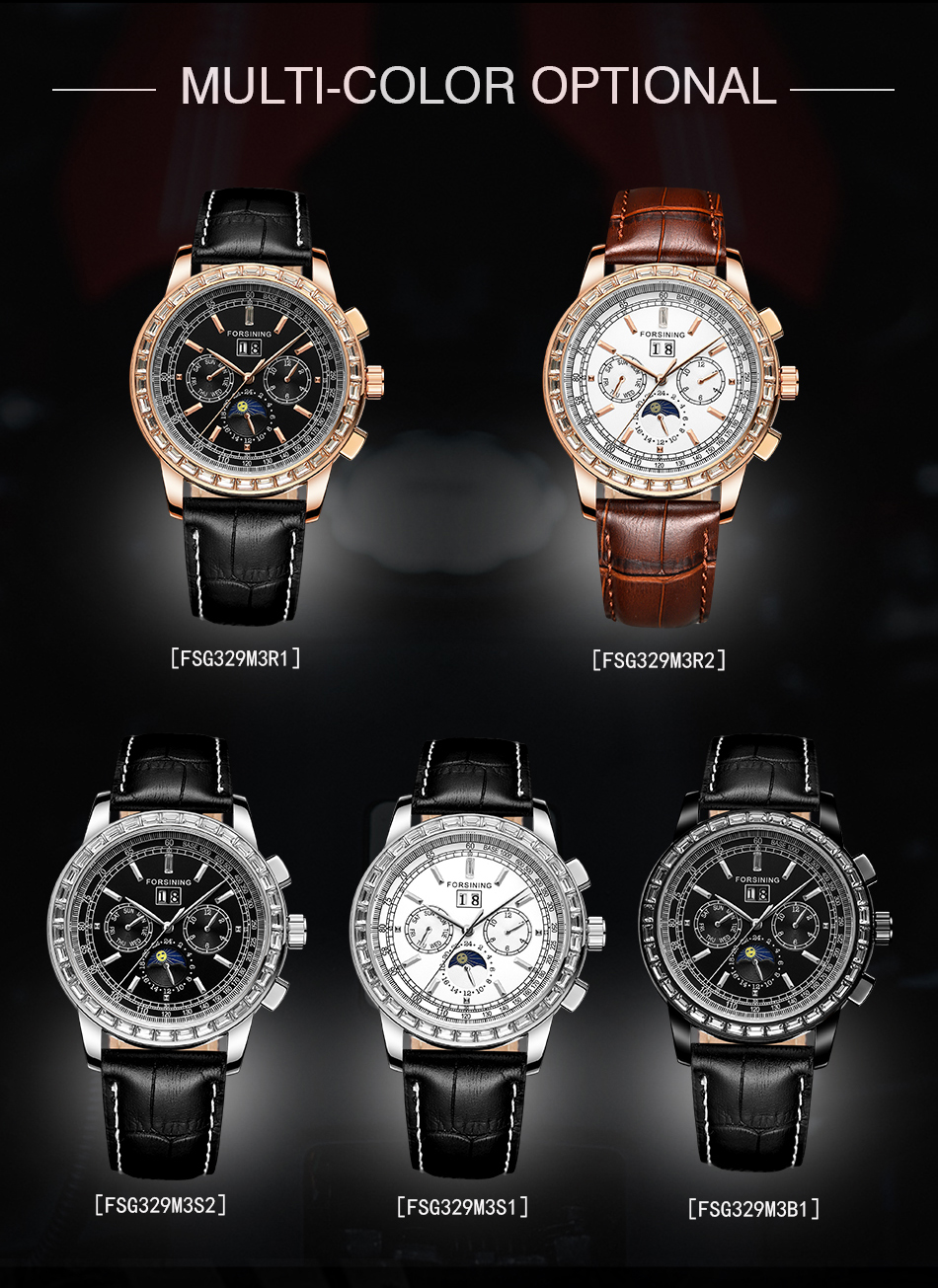 Man's Watch Luxury Automatic Watch Men Moon Phase 3 Dial Multifun Mechanical Male Watches Casual Brown Genuine Leather Band Horloges Mannen Clock Fashion & Casual Mechanical Hand Wind Watch