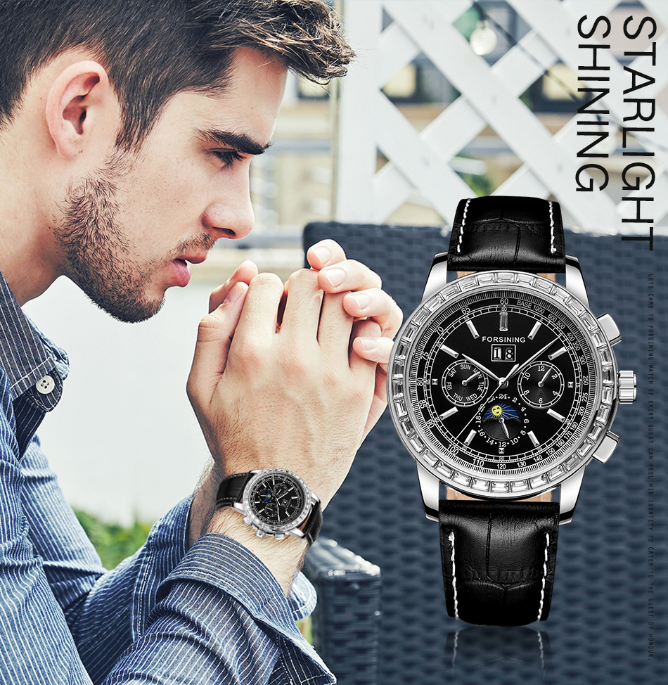 Man's Watch Luxury Automatic Watch Men Moon Phase 3 Dial Multifun Mechanical Male Watches Casual Brown Genuine Leather Band Horloges Mannen Clock Fashion & Casual Mechanical Hand Wind Watch