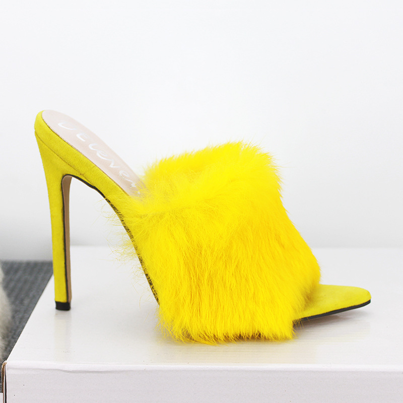 Women's fine fish beak pure rabbit hair sandals pointed yellow drag 34-43 yards