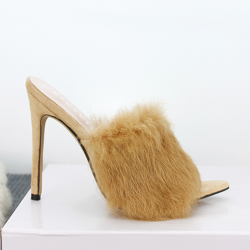 Women's fine fish beak pure rabbit hair sandals pointed yellow drag 34-43 yards