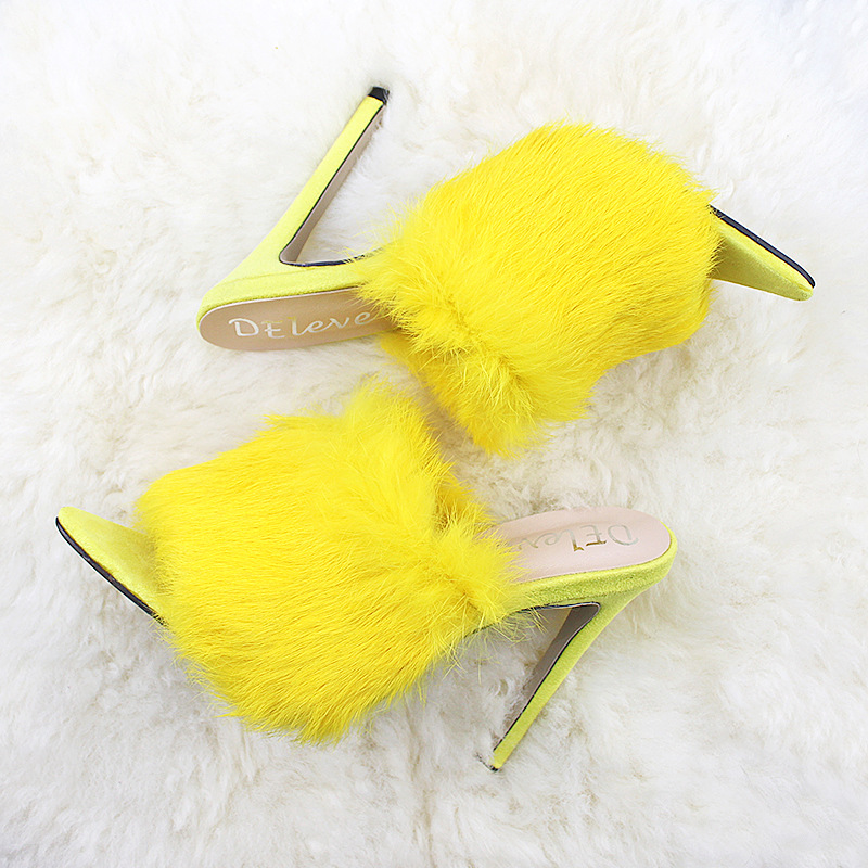 Women's fine fish beak pure rabbit hair sandals pointed yellow drag 34-43 yards