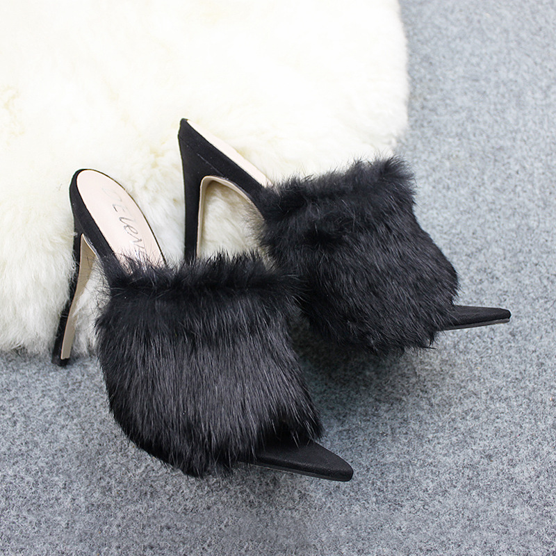 Women's fine fish beak pure rabbit hair sandals pointed yellow drag 34-43 yards
