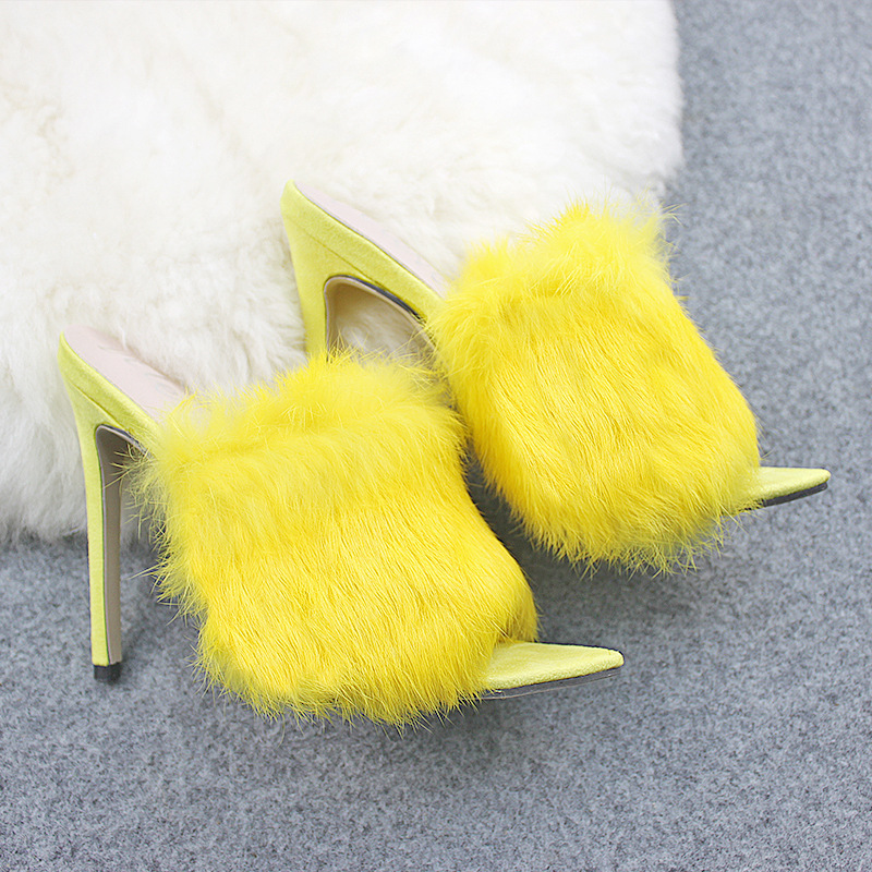 Women's fine fish beak pure rabbit hair sandals pointed yellow drag 34-43 yards