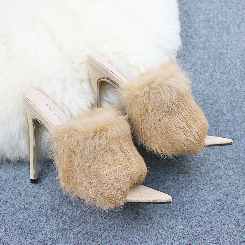 Women's fine fish beak pure rabbit hair sandals pointed yellow drag 34-43 yards