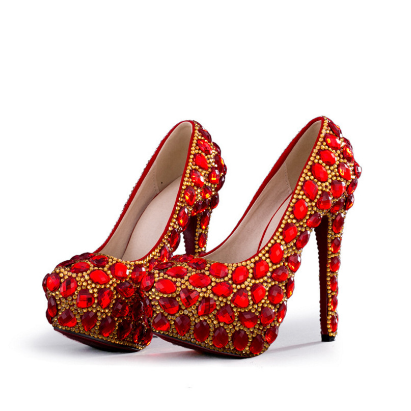 Women's Crystal Shoes Wedding Shoes High-heeled Round Head Banquet Size Single Shoes