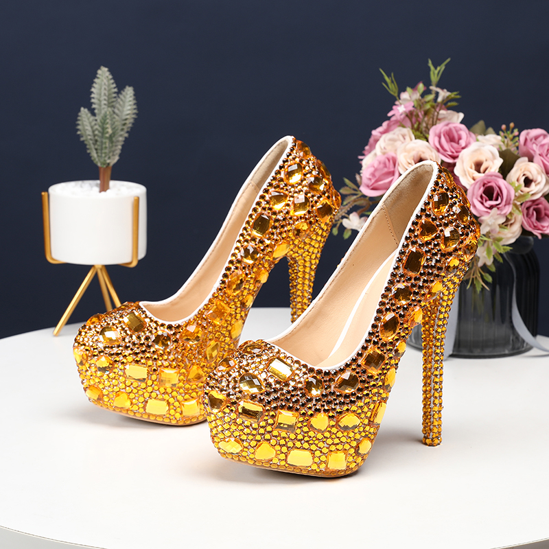 Women's Crystal Shoes Wedding Shoes High-heeled Round Head Banquet Size Single Shoes