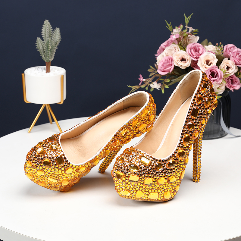 Women's Crystal Shoes Wedding Shoes High-heeled Round Head Banquet Size Single Shoes