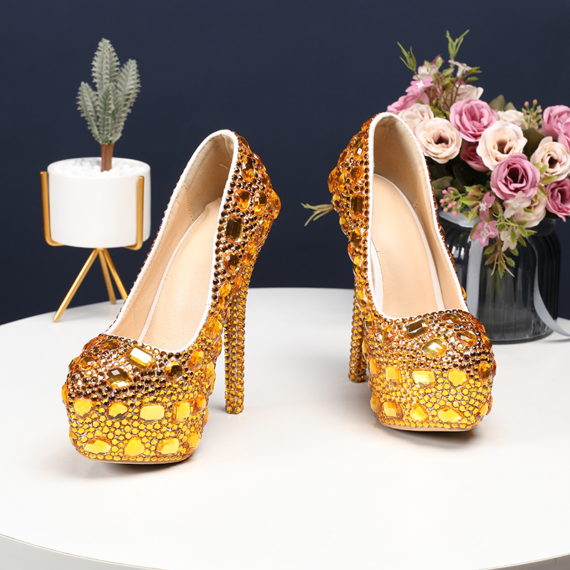 Women's Crystal Shoes Wedding Shoes High-heeled Round Head Banquet Size Single Shoes