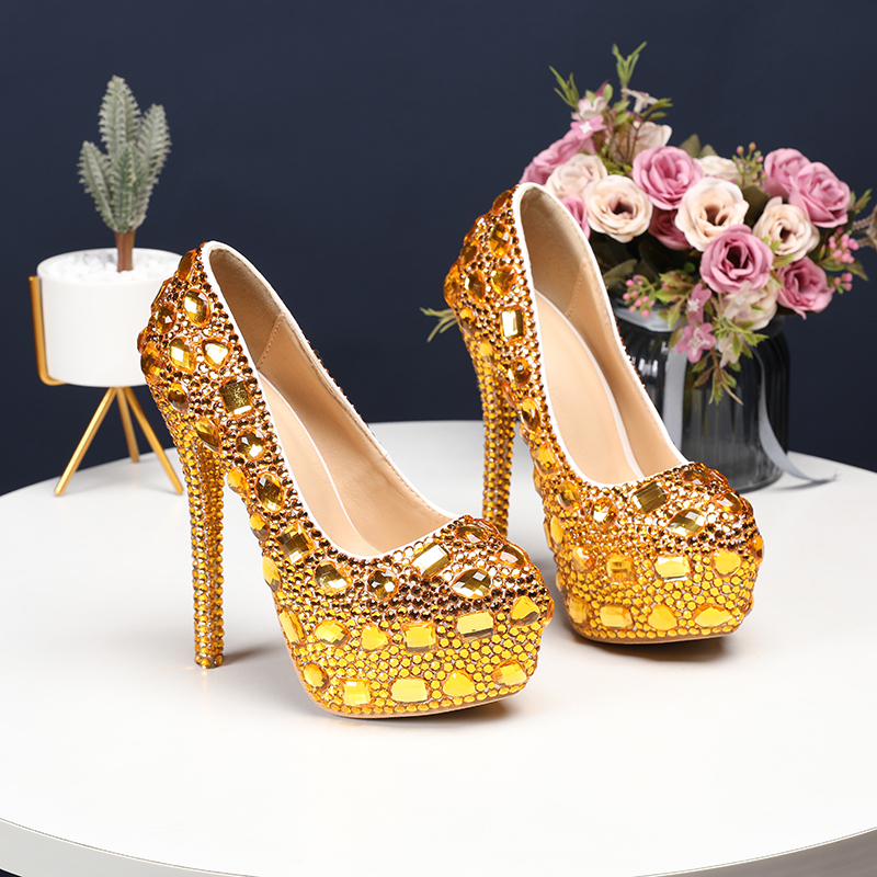 Women's Crystal Shoes Wedding Shoes High-heeled Round Head Banquet Size Single Shoes