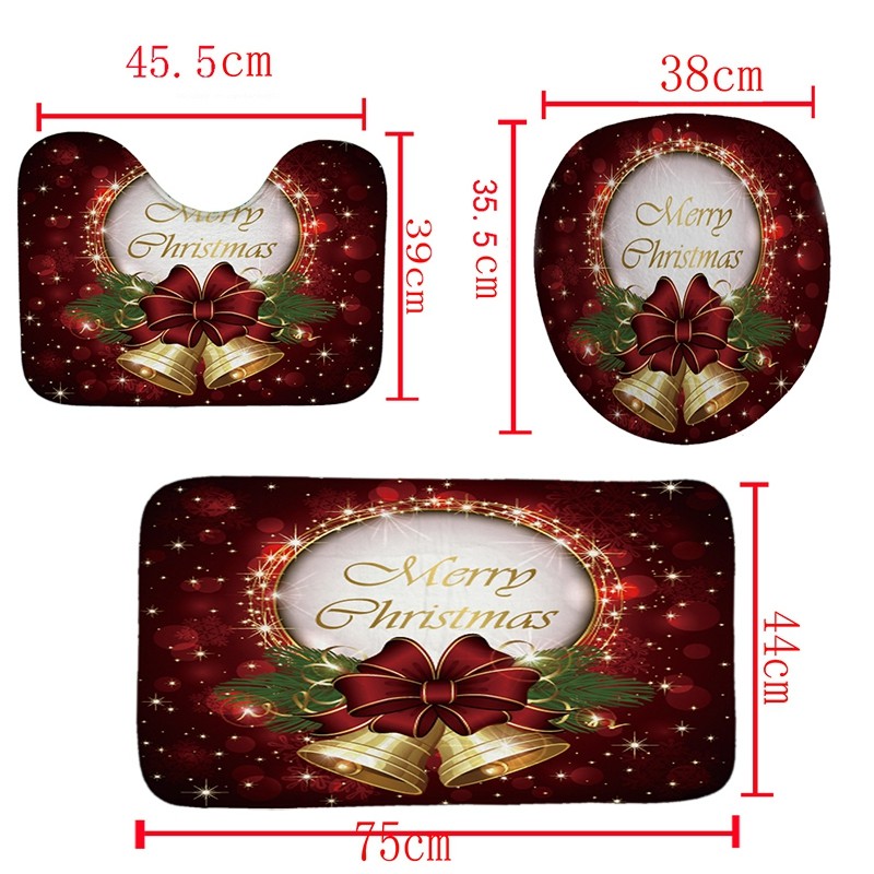 Bathroom Merry Christmas Bell Printed Shower Curtain With 12 Hooks Durable Waterproof  Bath Curtain Sets Toilet Cover Mat Non-Slip Bathroom Rug Set