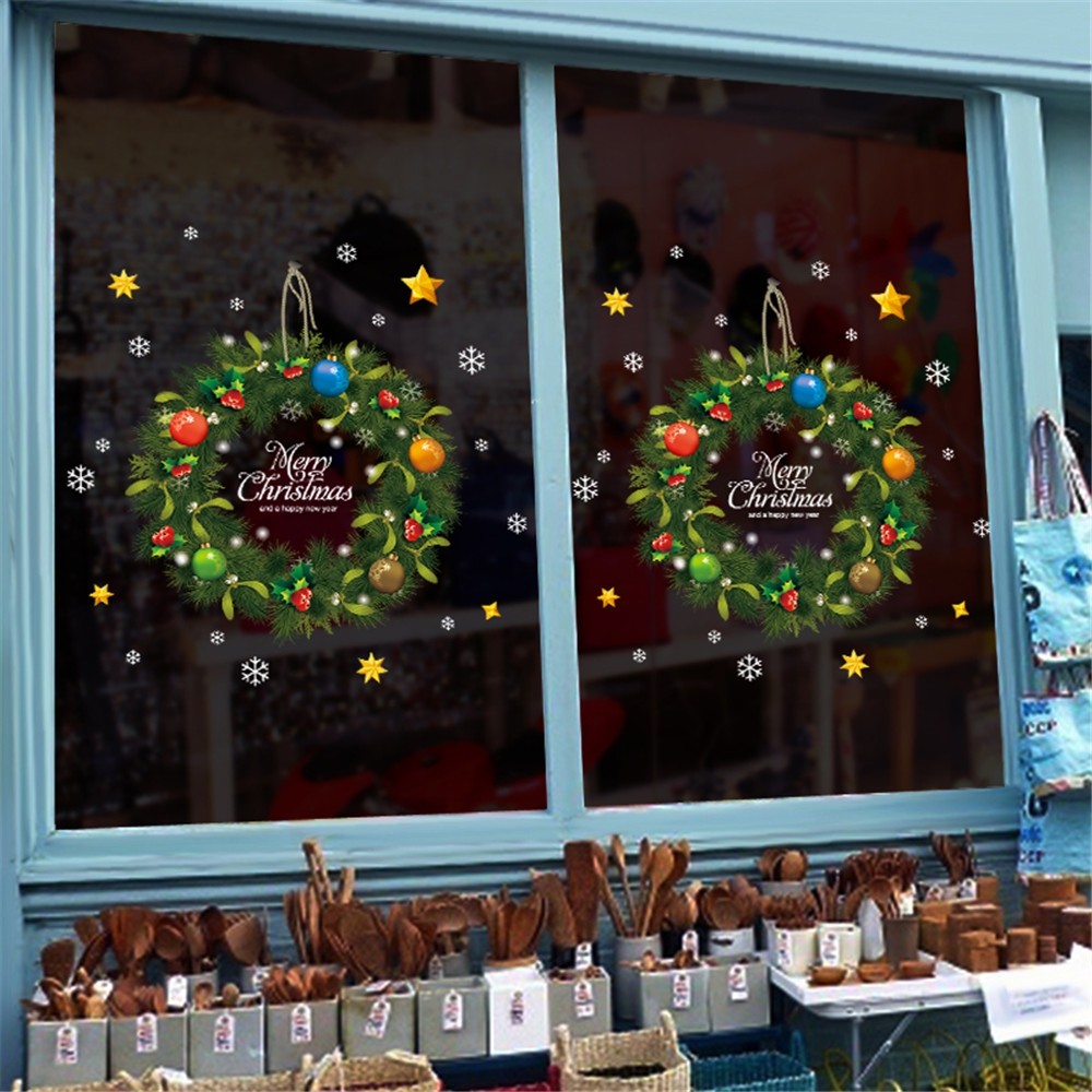Christmas Green Wreath Wall Sticker Glass Window Sticker Removable
