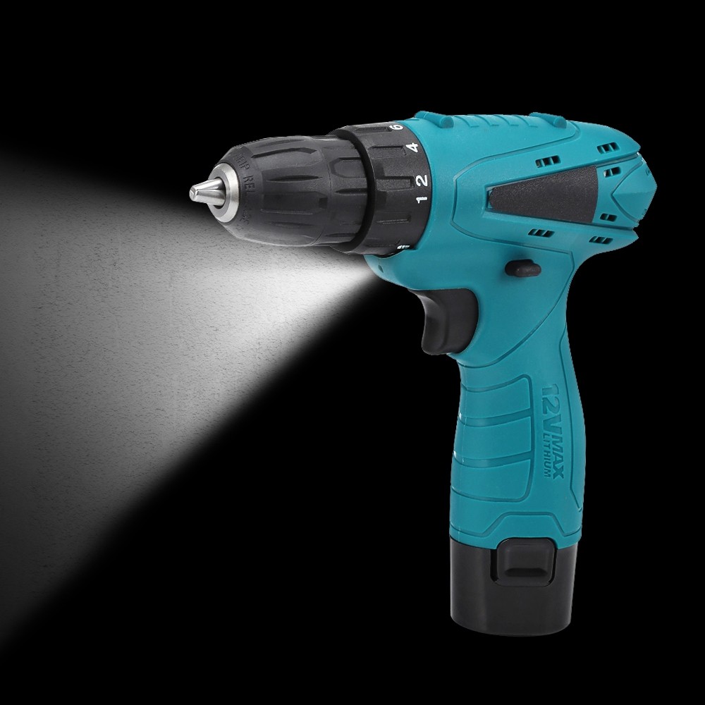 12V Electric Drill Cordless Screwdriver Set with 2 Rechargeable Li-ion Batteries
