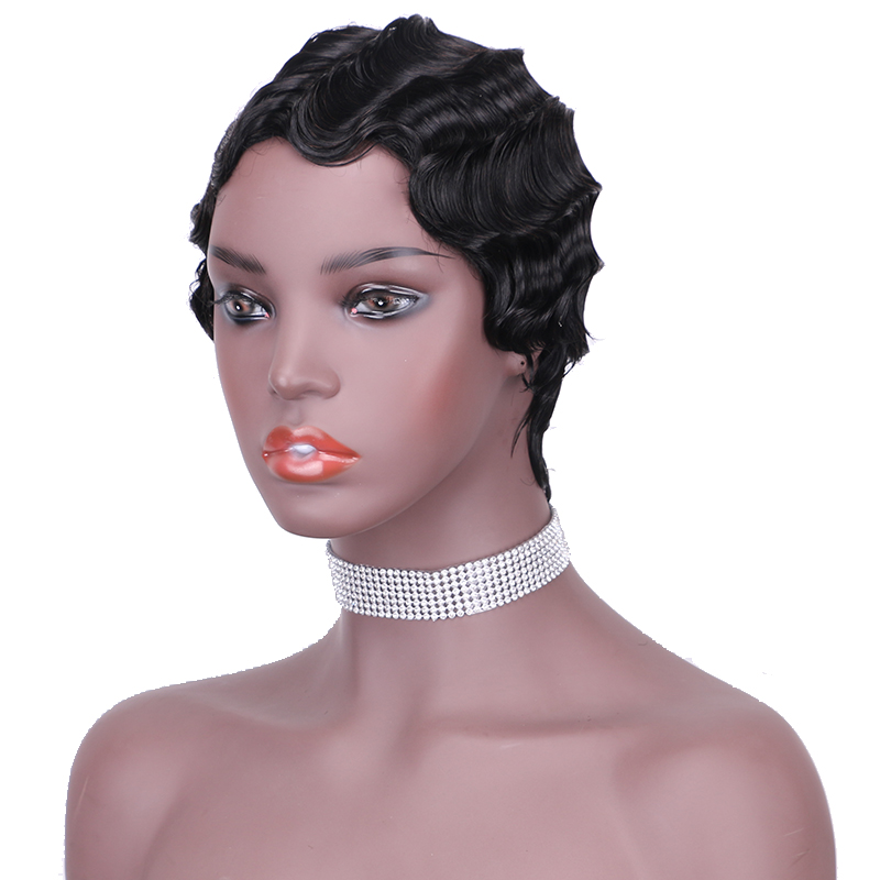 Natural Color Short Curly Wigs for African American Women black Finger Waves Wig Human Hair