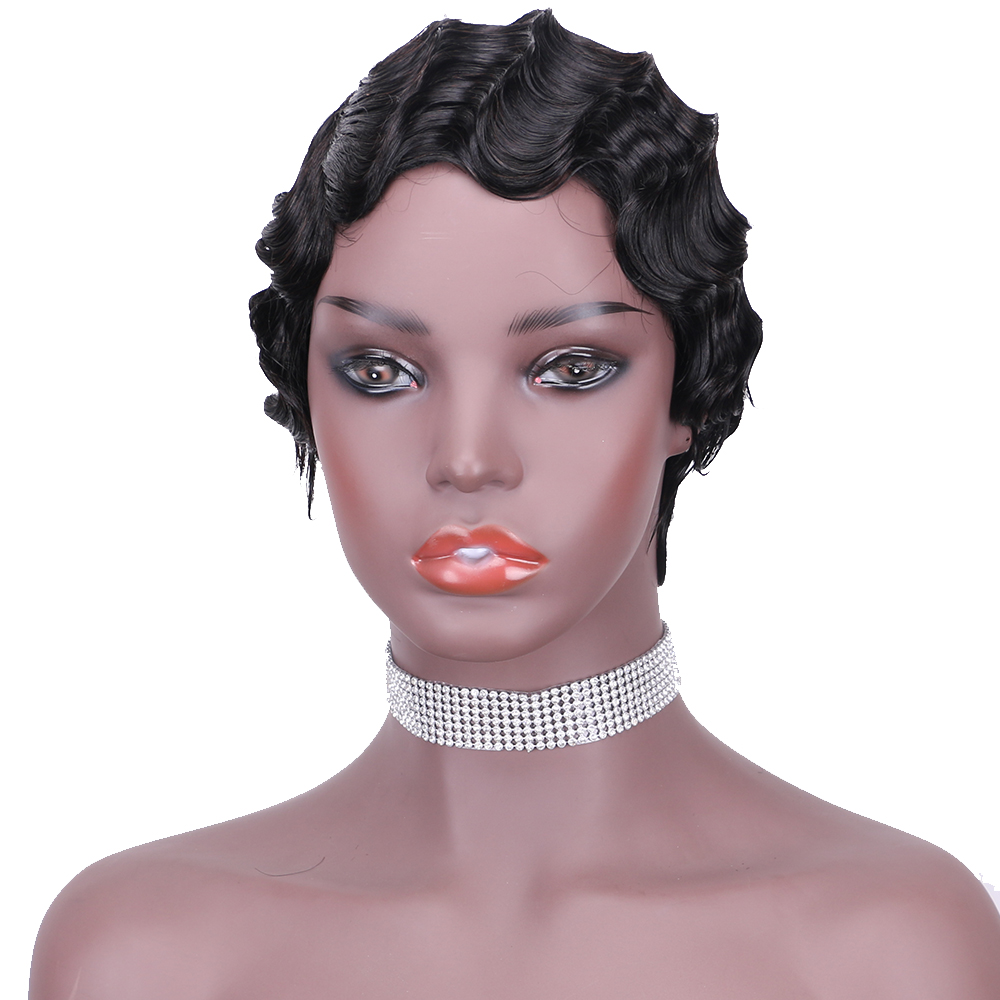 Natural Color Short Curly Wigs for African American Women black Finger Waves Wig Human Hair