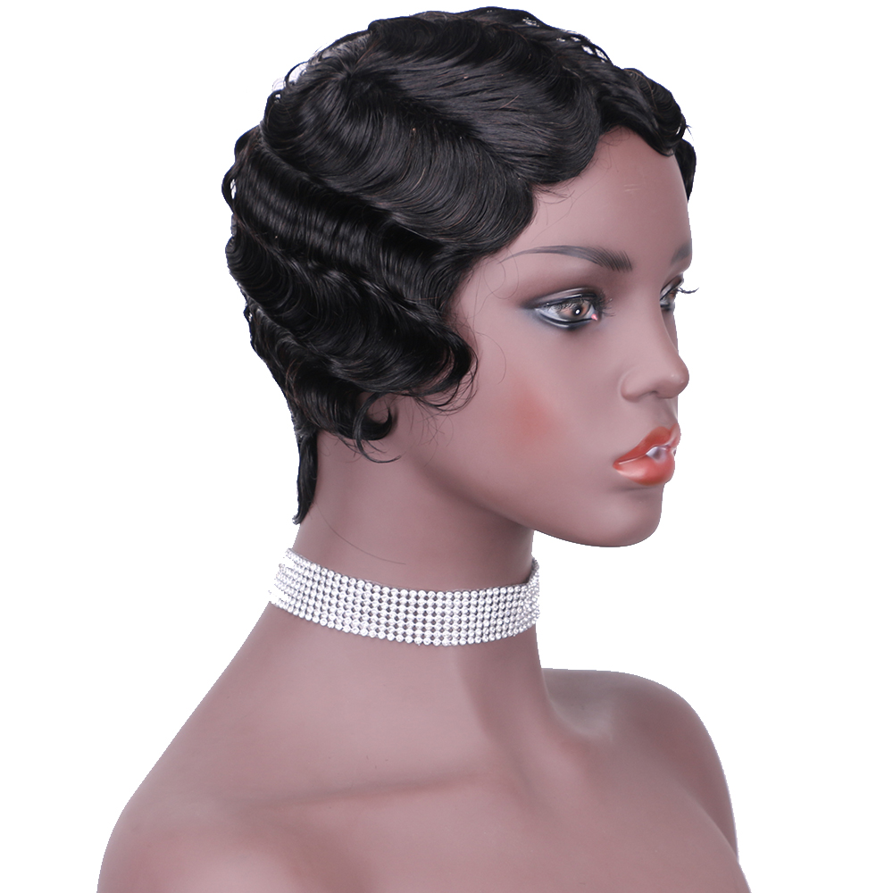 Natural Color Short Curly Wigs for African American Women black Finger Waves Wig Human Hair