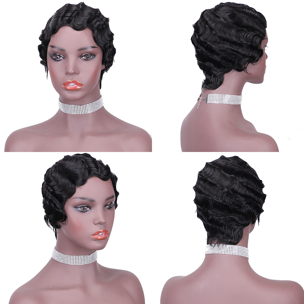 Natural Color Short Curly Wigs for African American Women black Finger Waves Wig Human Hair