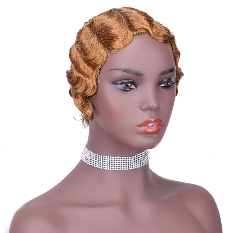 Natural Color Short Curly Wigs for African American Women black Finger Waves Wig Human Hair