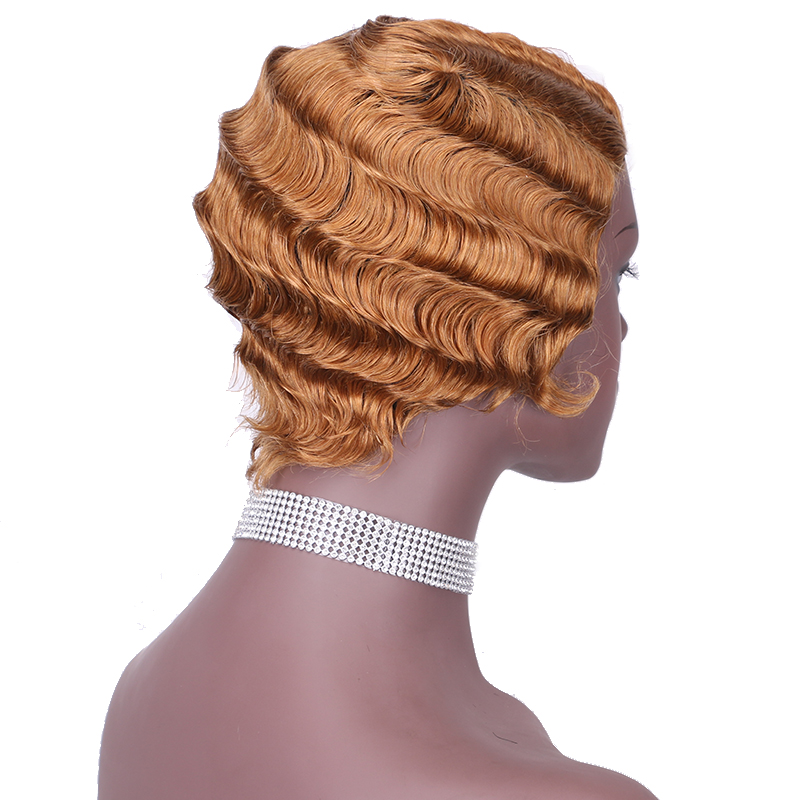 Natural Color Short Curly Wigs for African American Women black Finger Waves Wig Human Hair