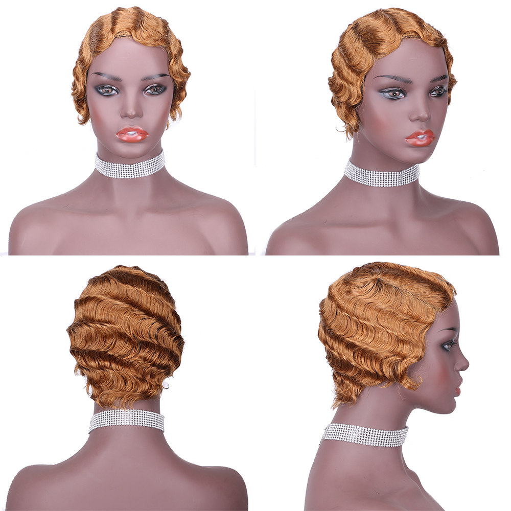 Natural Color Short Curly Wigs for African American Women black Finger Waves Wig Human Hair