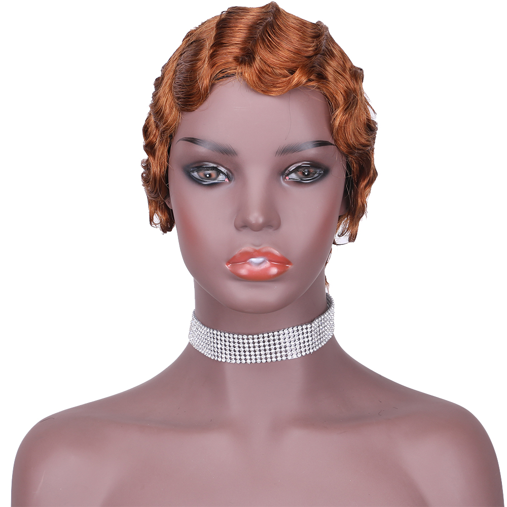 Natural Color Short Curly Wigs for African American Women black Finger Waves Wig Human Hair