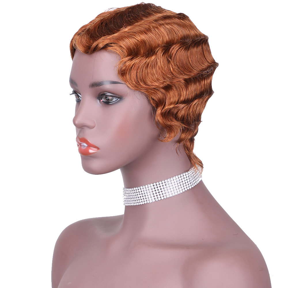 Natural Color Short Curly Wigs for African American Women black Finger Waves Wig Human Hair