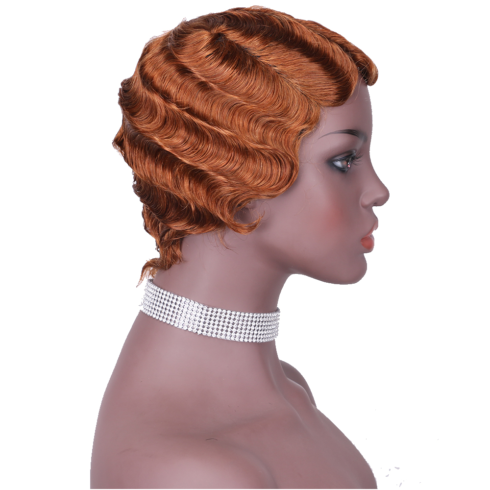 Natural Color Short Curly Wigs for African American Women black Finger Waves Wig Human Hair