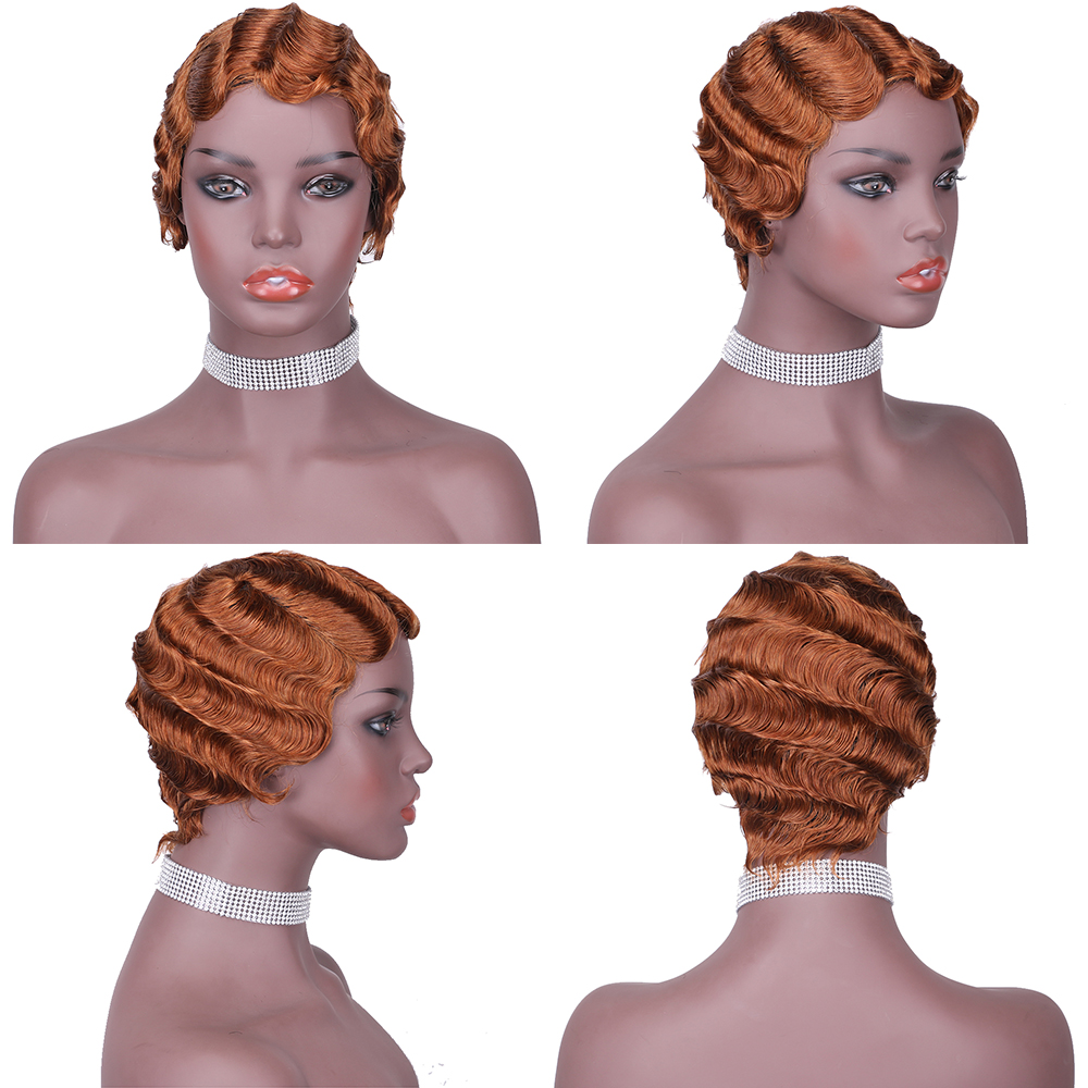 Natural Color Short Curly Wigs for African American Women black Finger Waves Wig Human Hair