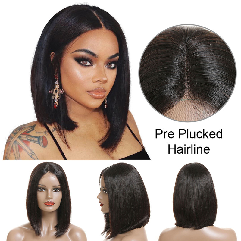 Best Hair Straight Bob Wig Lace Wig 180% Density Middle Part Blunt Cut Human Hair Wigs Natural Black