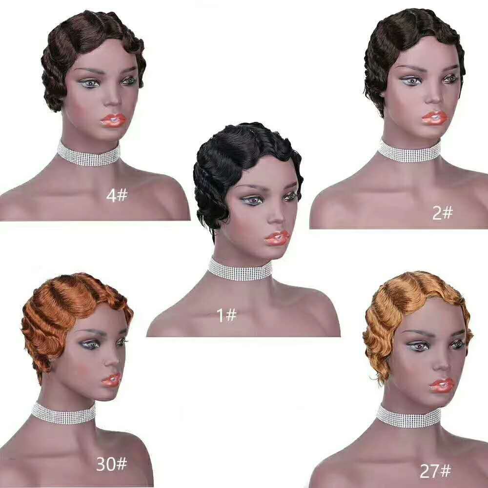 Natural Color Short Curly Wigs for African American Women black Finger Waves Wig Human Hair