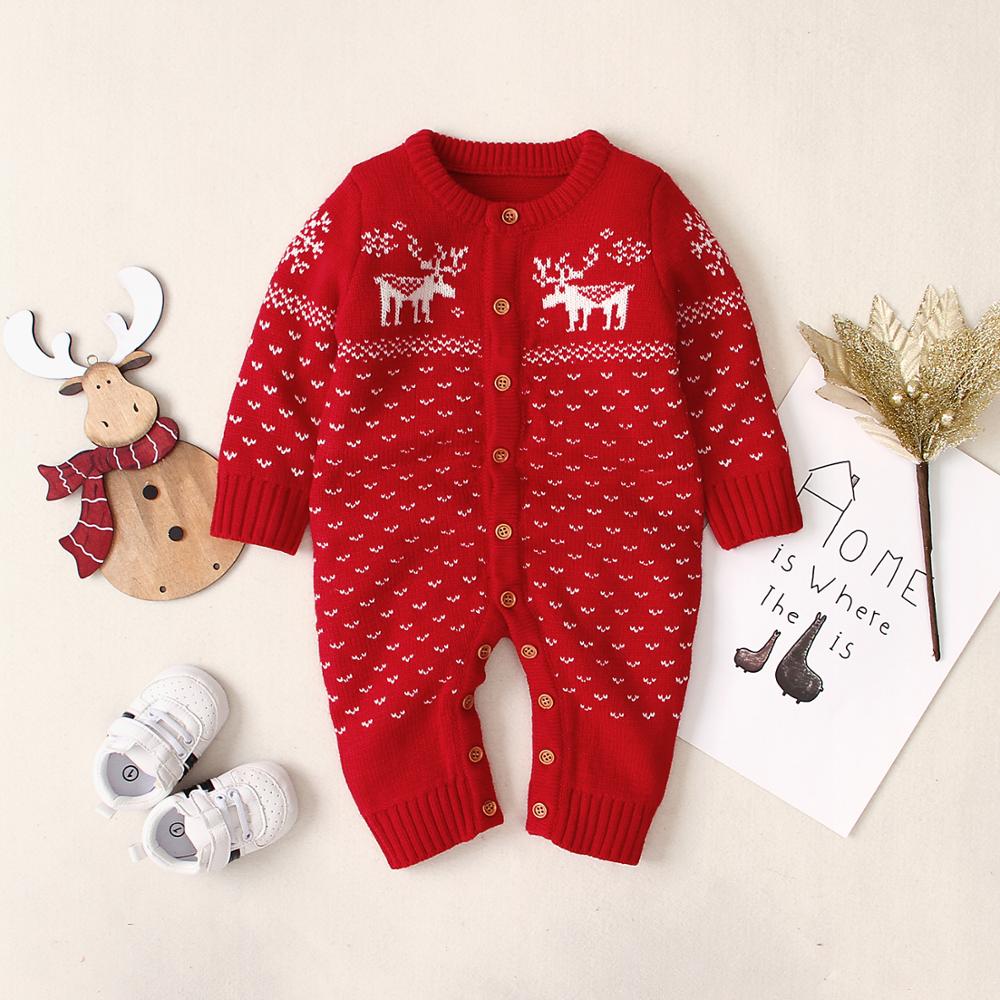 Christmas Elk Pattern Baby Unisex Rompers Pajamas Winter Knitted Longsleeve Newborn Jumpsuits