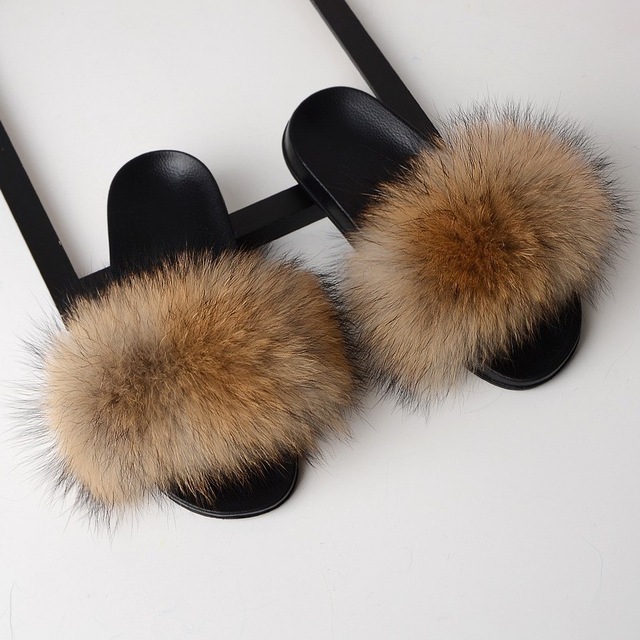 Women Fur Slippers Faux Fox Fur Slides Home Furry Flat Sandals Female Cute Fluffy House Shoes