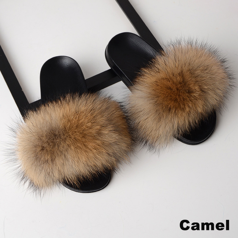 Women Fur Slippers Faux Fox Fur Slides Home Furry Flat Sandals Female Cute Fluffy House Shoes