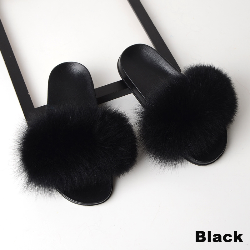 Women Fur Slippers Faux Fox Fur Slides Home Furry Flat Sandals Female Cute Fluffy House Shoes
