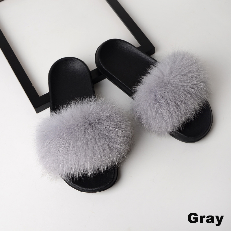 Women Fur Slippers Faux Fox Fur Slides Home Furry Flat Sandals Female Cute Fluffy House Shoes
