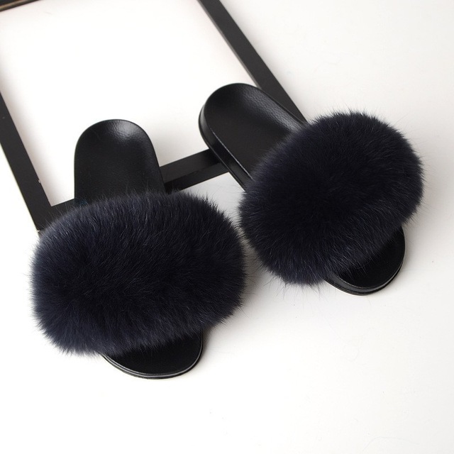 Women Fur Slippers Faux Fox Fur Slides Home Furry Flat Sandals Female Cute Fluffy House Shoes