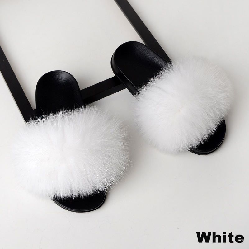 Women Fur Slippers Faux Fox Fur Slides Home Furry Flat Sandals Female Cute Fluffy House Shoes