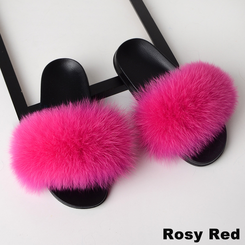 Women Fur Slippers Faux Fox Fur Slides Home Furry Flat Sandals Female Cute Fluffy House Shoes