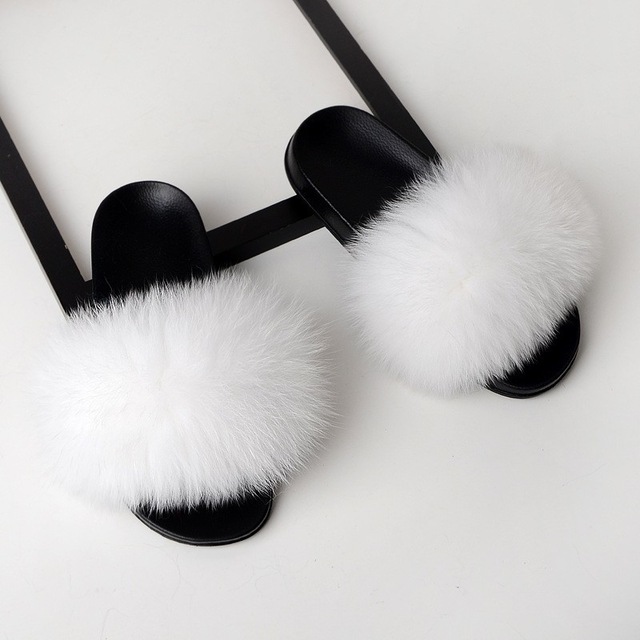 Women Fur Slippers Faux Fox Fur Slides Home Furry Flat Sandals Female Cute Fluffy House Shoes