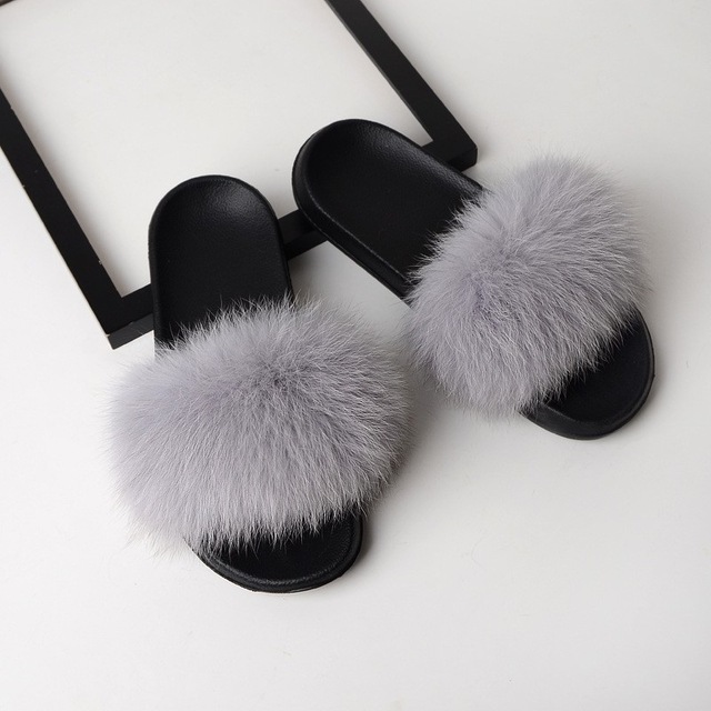 Women Fur Slippers Faux Fox Fur Slides Home Furry Flat Sandals Female Cute Fluffy House Shoes