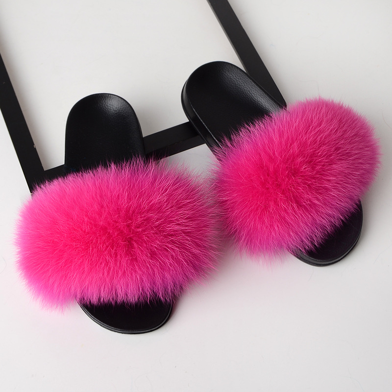 Women Fur Slippers Faux Fox Fur Slides Home Furry Flat Sandals Female Cute Fluffy House Shoes