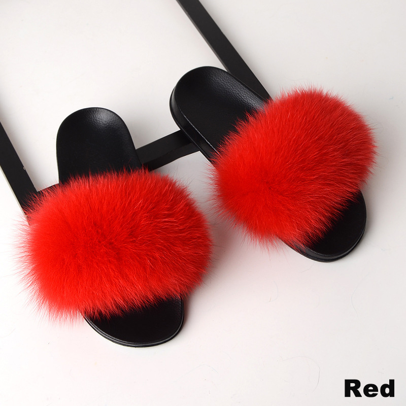 Women Fur Slippers Faux Fox Fur Slides Home Furry Flat Sandals Female Cute Fluffy House Shoes