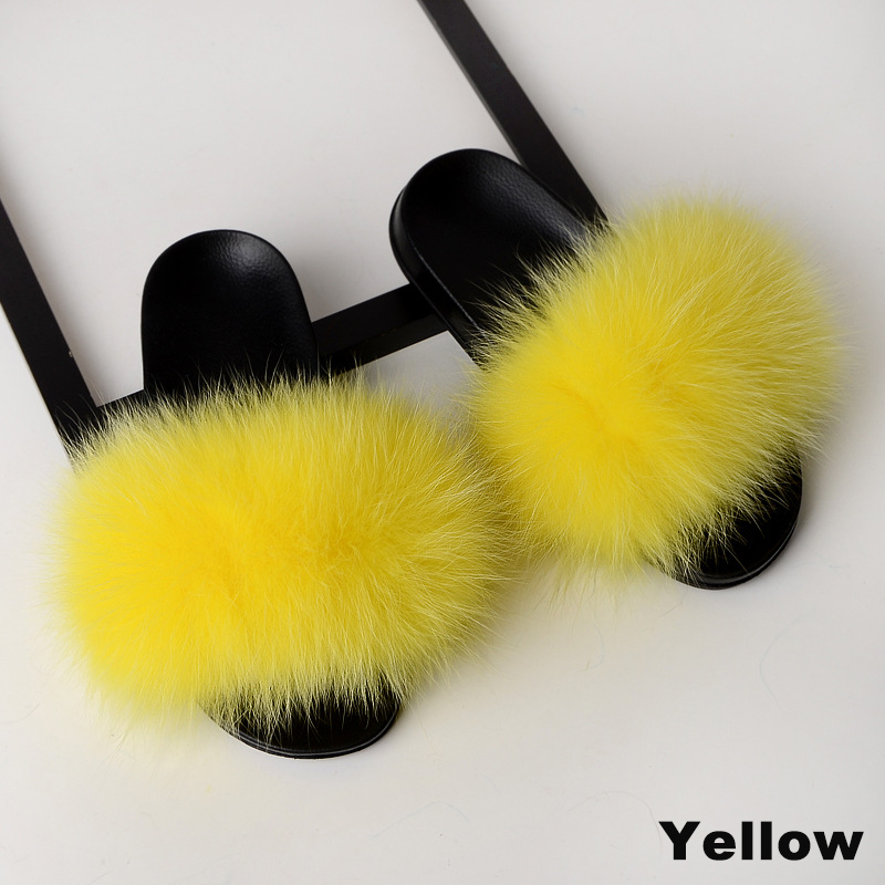 Women Fur Slippers Faux Fox Fur Slides Home Furry Flat Sandals Female Cute Fluffy House Shoes