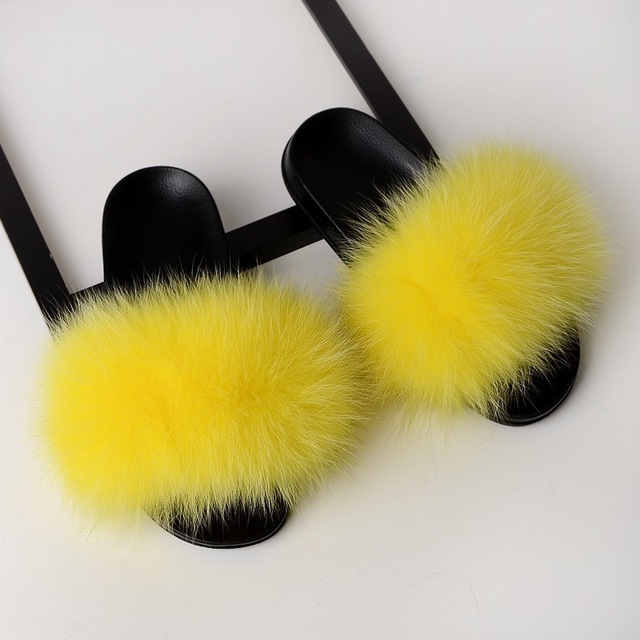 Women Fur Slippers Faux Fox Fur Slides Home Furry Flat Sandals Female Cute Fluffy House Shoes